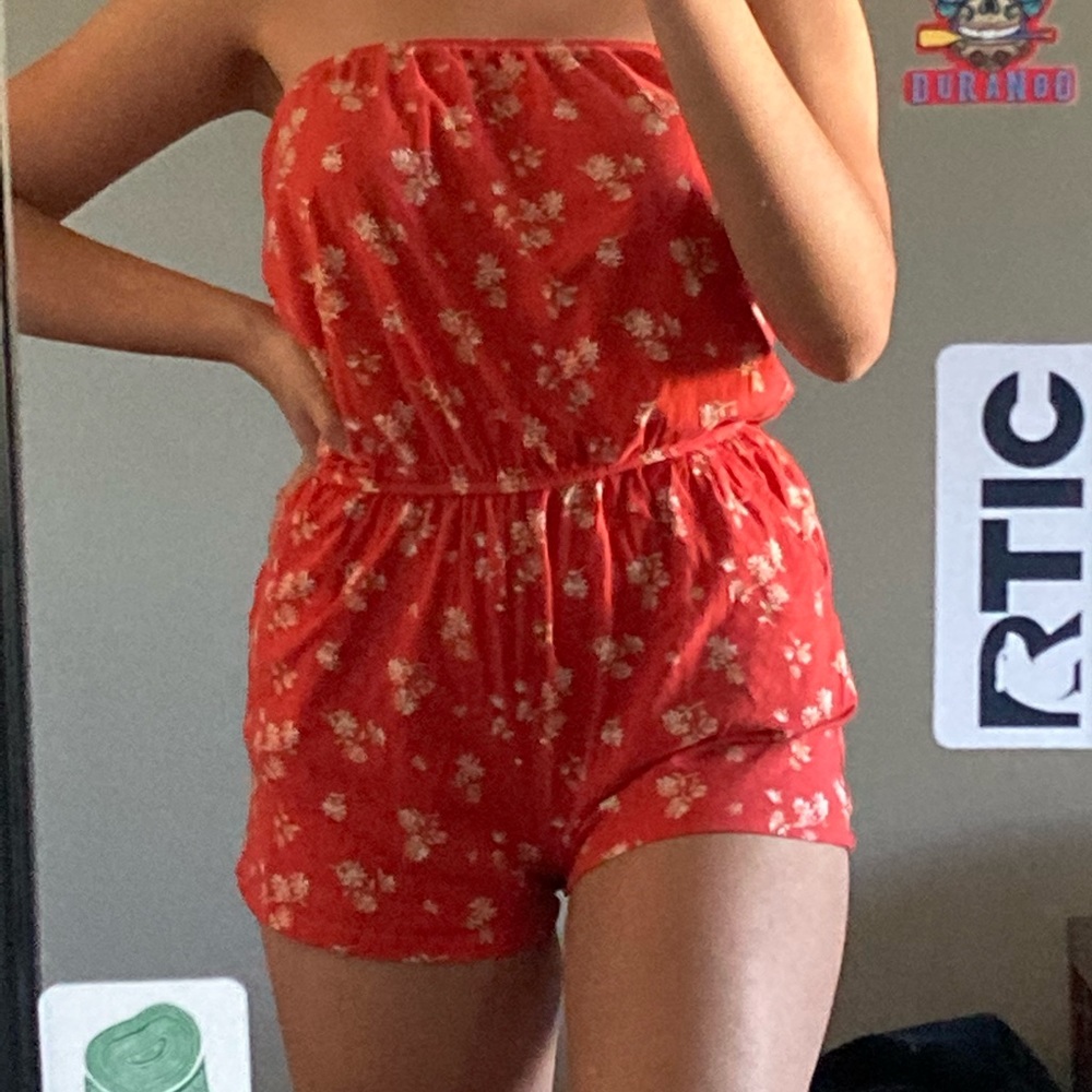 Red flower print romper